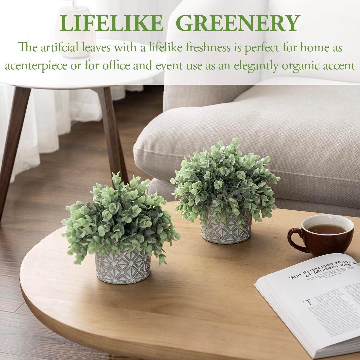 imageMyGift Artificial Eucalyptus Plant in Modern Gray Concrete Pots with Geometric Embossed Pattern 1 BlueGrey