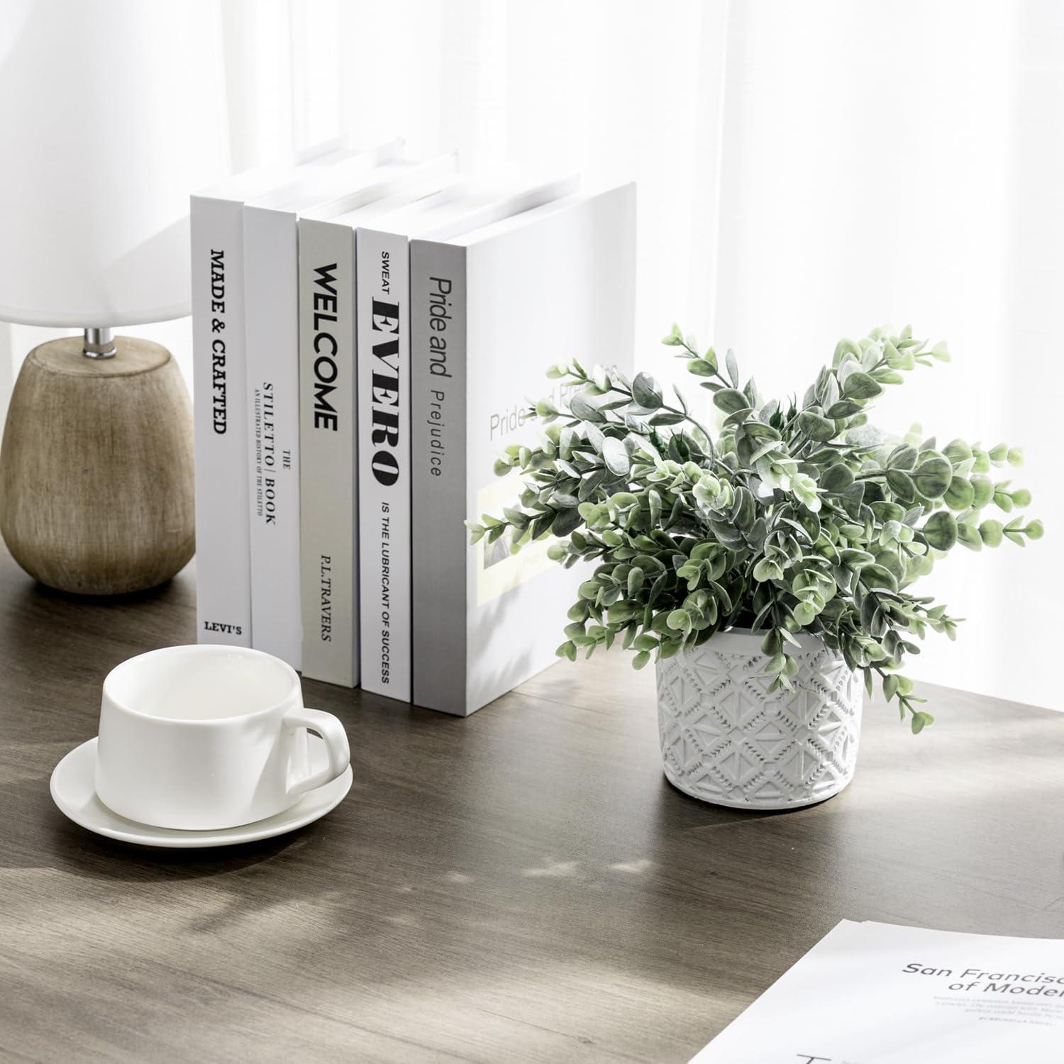 imageMyGift Artificial Eucalyptus Plant in Modern Gray Concrete Pots with Geometric Embossed Pattern 1 BlueWhite