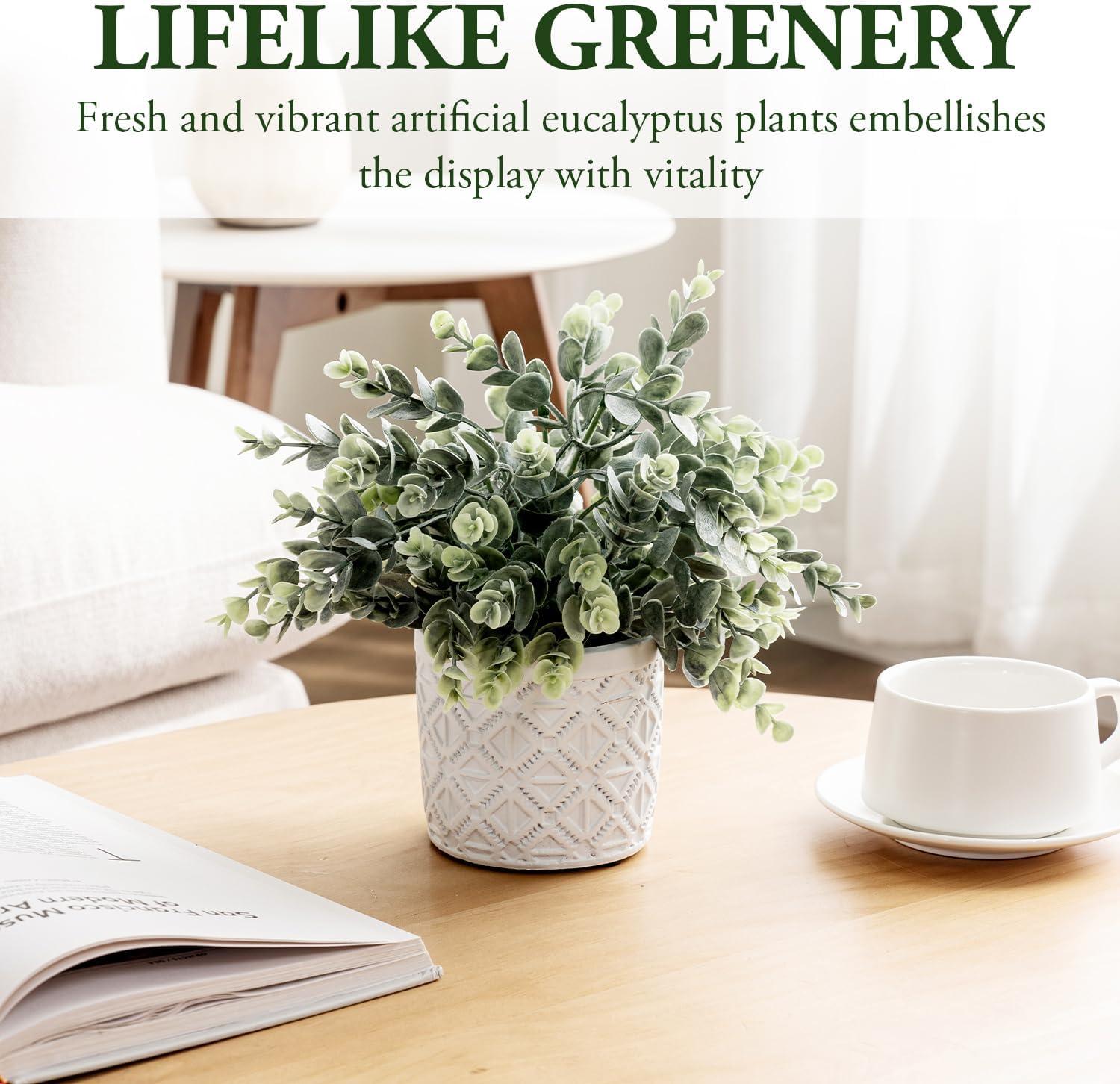 imageMyGift Artificial Eucalyptus Plant in Modern Gray Concrete Pots with Geometric Embossed Pattern 1 BlueWhite