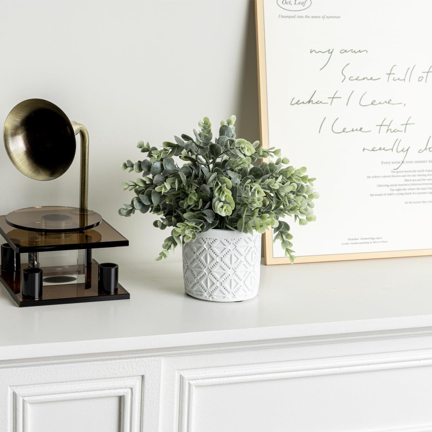 imageMyGift Artificial Eucalyptus Plant in Modern Gray Concrete Pots with Geometric Embossed Pattern 1 BlueWhite