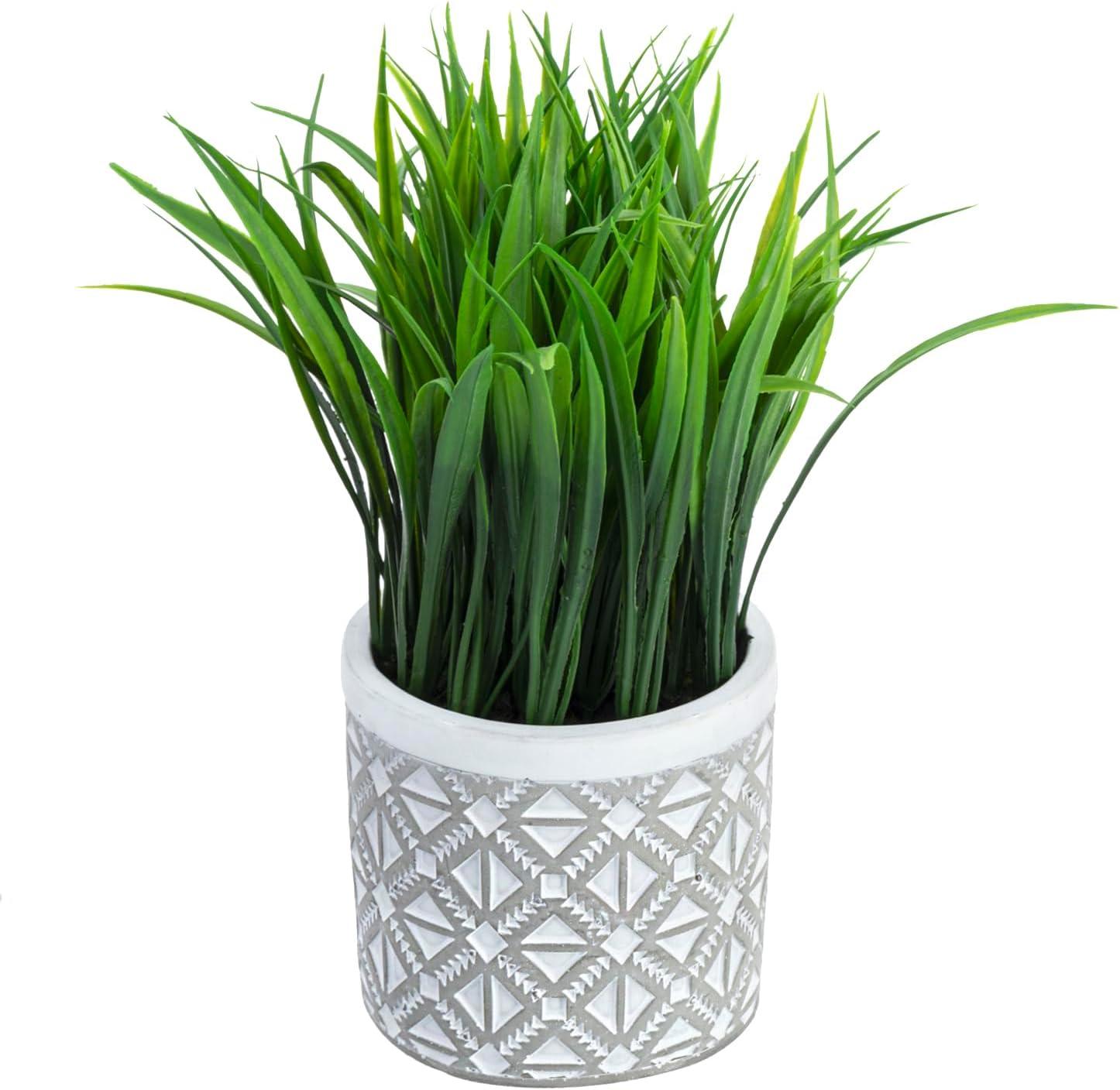 imageMyGift Artificial Eucalyptus Plant in Modern Gray Concrete Pots with Geometric Embossed Pattern 1 BlueWhite Geometric Embossed Pattern