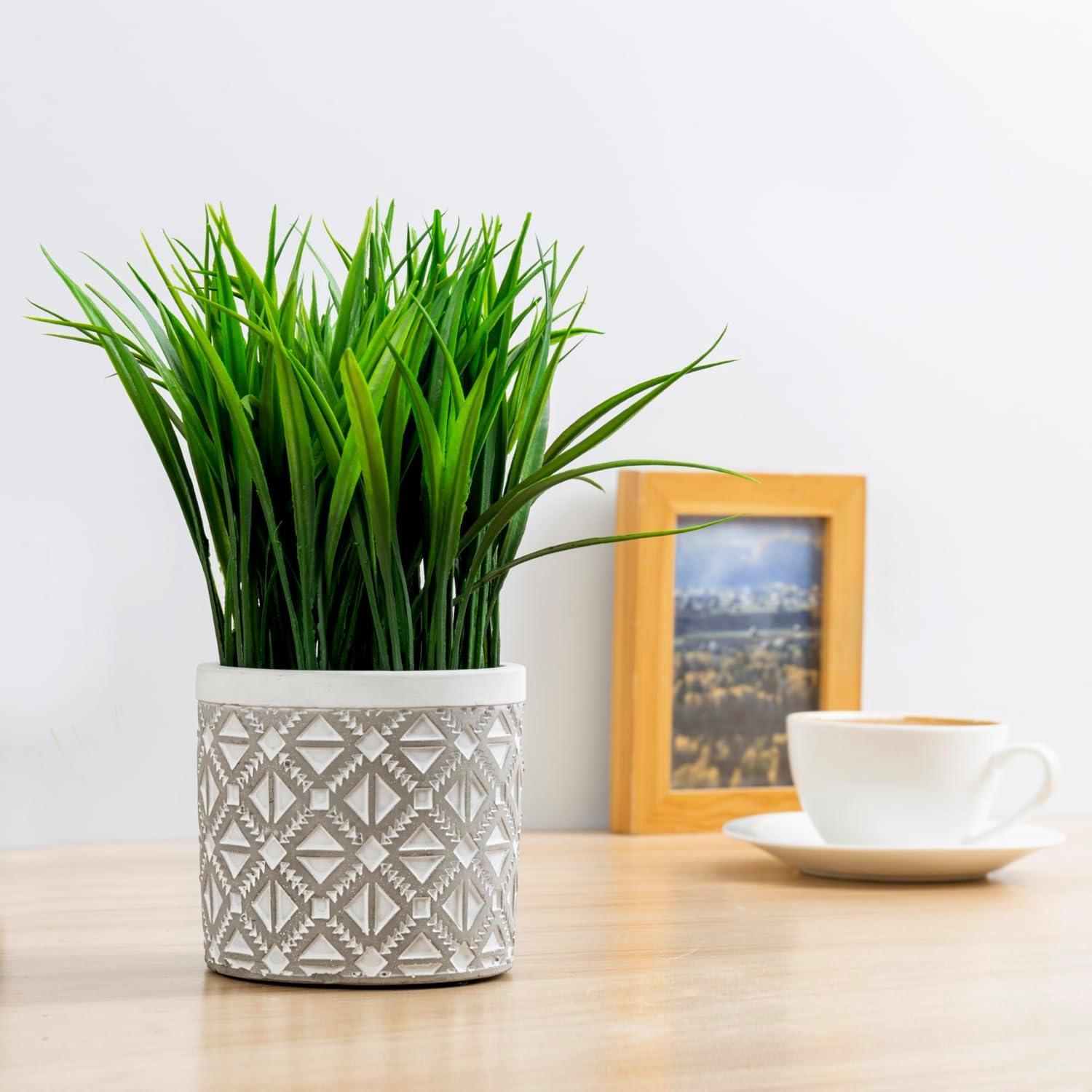 imageMyGift Artificial Eucalyptus Plant in Modern Gray Concrete Pots with Geometric Embossed Pattern 1 BlueWhite Geometric Embossed Pattern