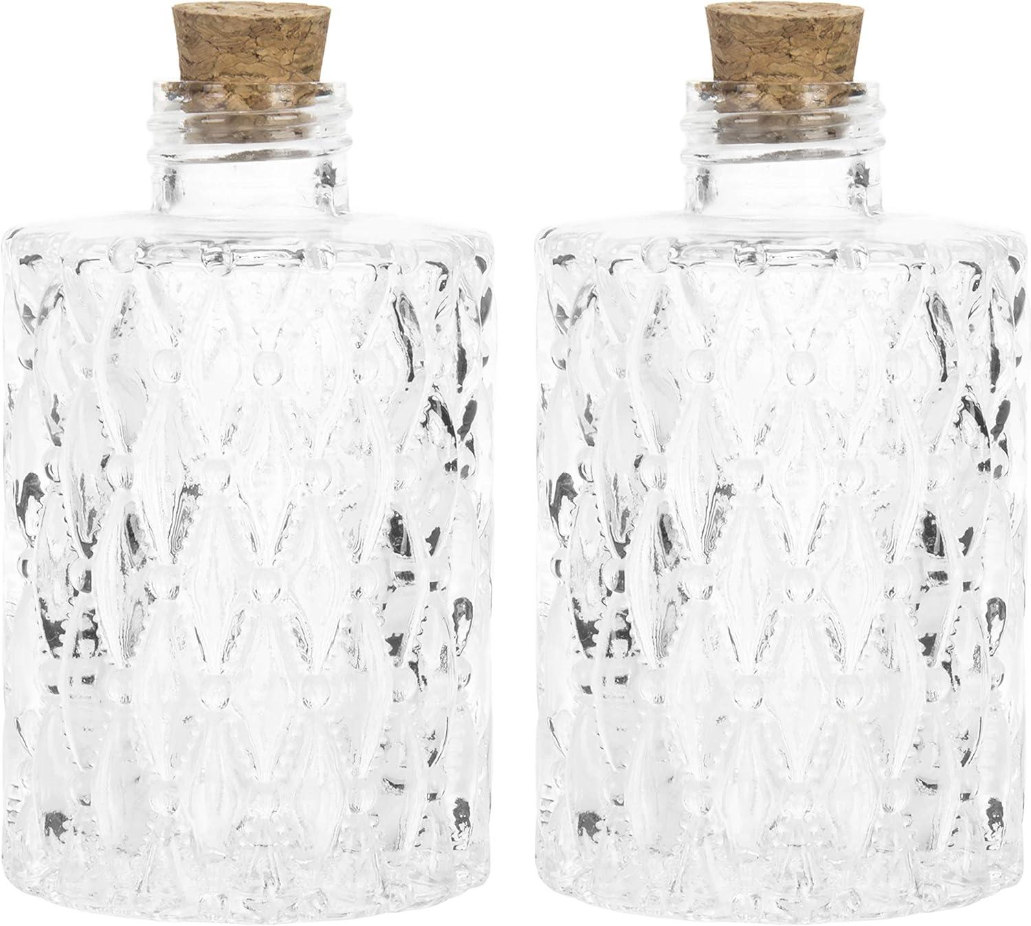 imageMyGift Small Clear Glass Reed Diffuser Bottles Vintage Embossed Apothecary Style Flower Bud Vases with Cork Lids Set of 2Clear Set of 2