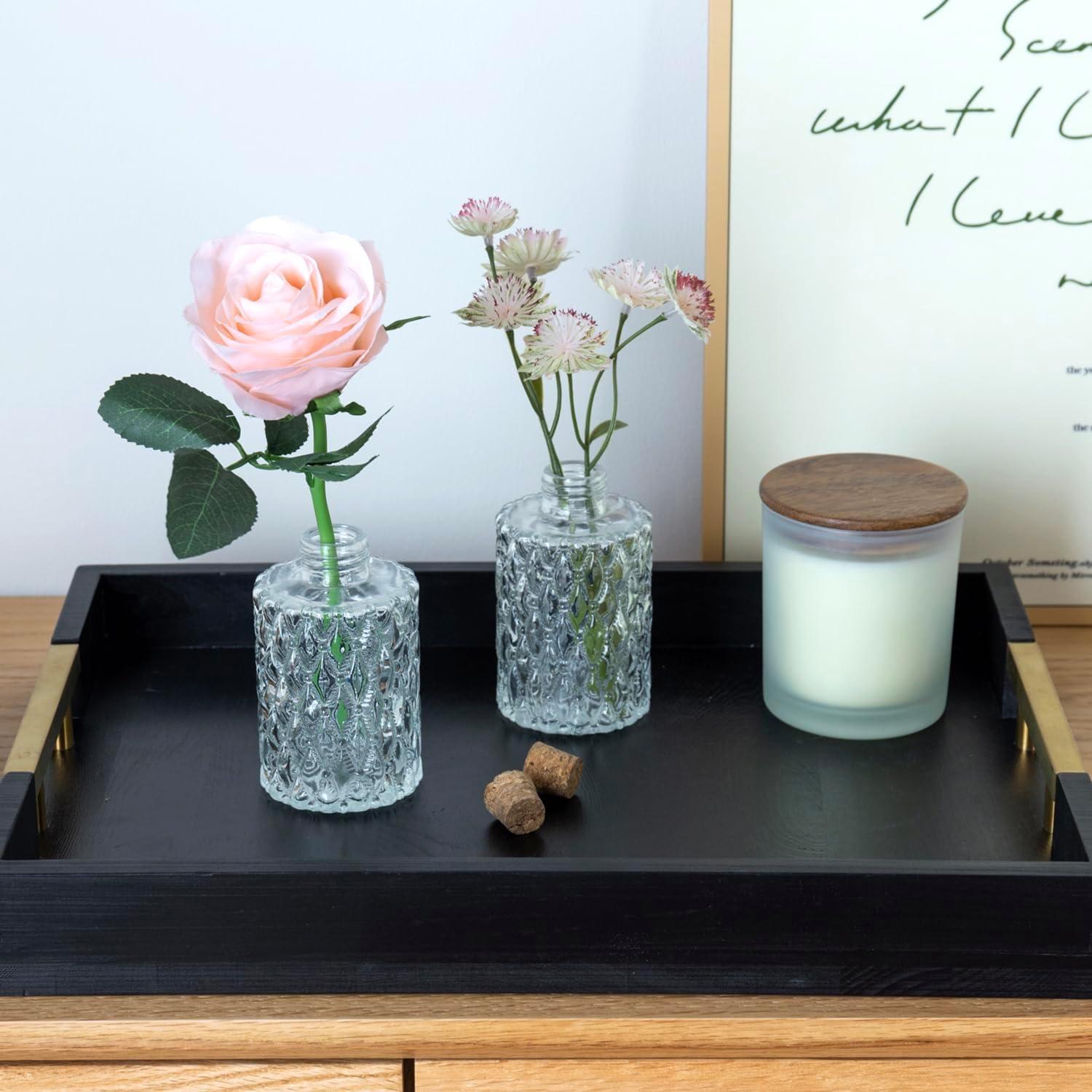 imageMyGift Small Clear Glass Reed Diffuser Bottles Vintage Embossed Apothecary Style Flower Bud Vases with Cork Lids Set of 2Clear Set of 2