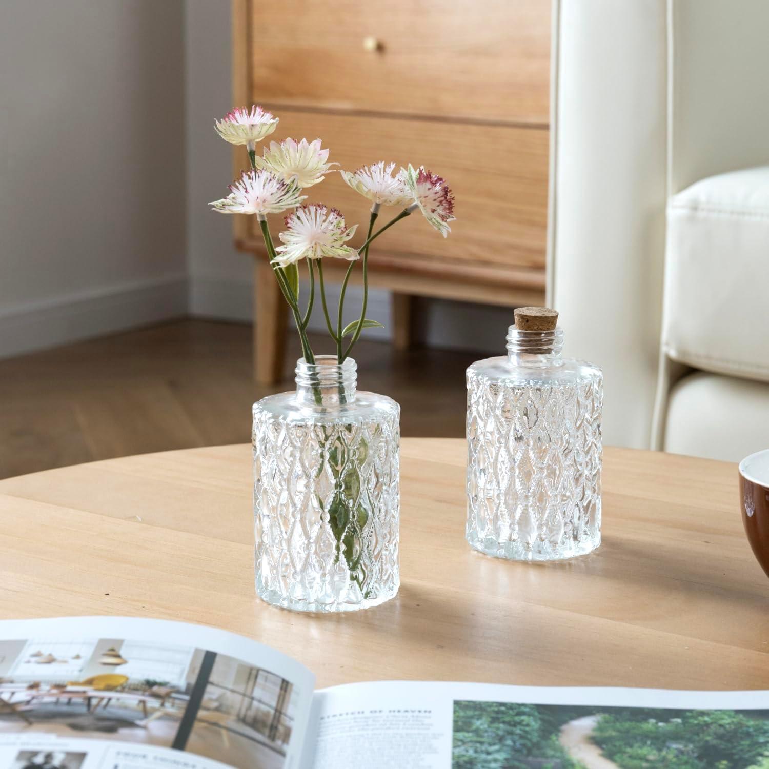 imageMyGift Small Clear Glass Reed Diffuser Bottles Vintage Embossed Apothecary Style Flower Bud Vases with Cork Lids Set of 2Clear Set of 2