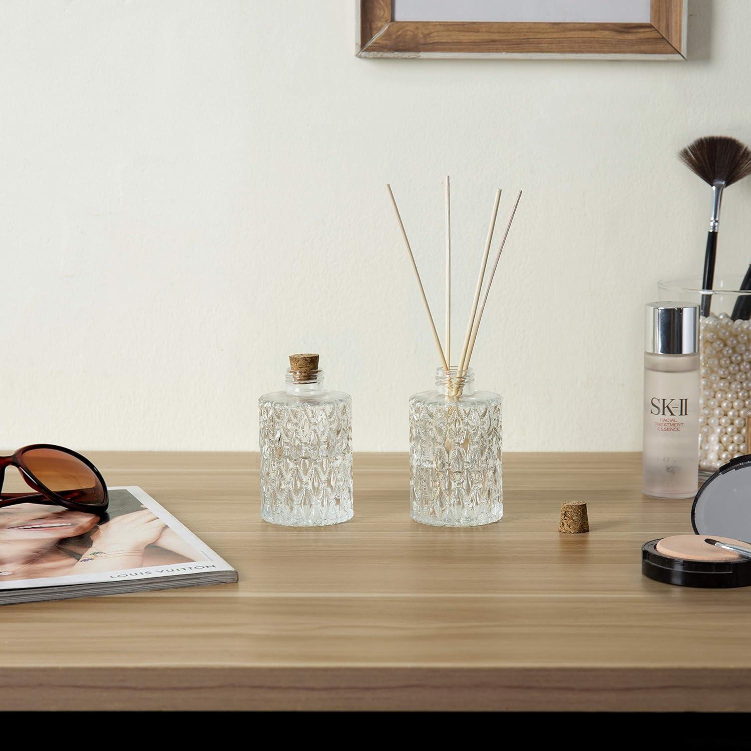 imageMyGift Small Clear Glass Reed Diffuser Bottles Vintage Embossed Apothecary Style Flower Bud Vases with Cork Lids Set of 2Clear Set of 2