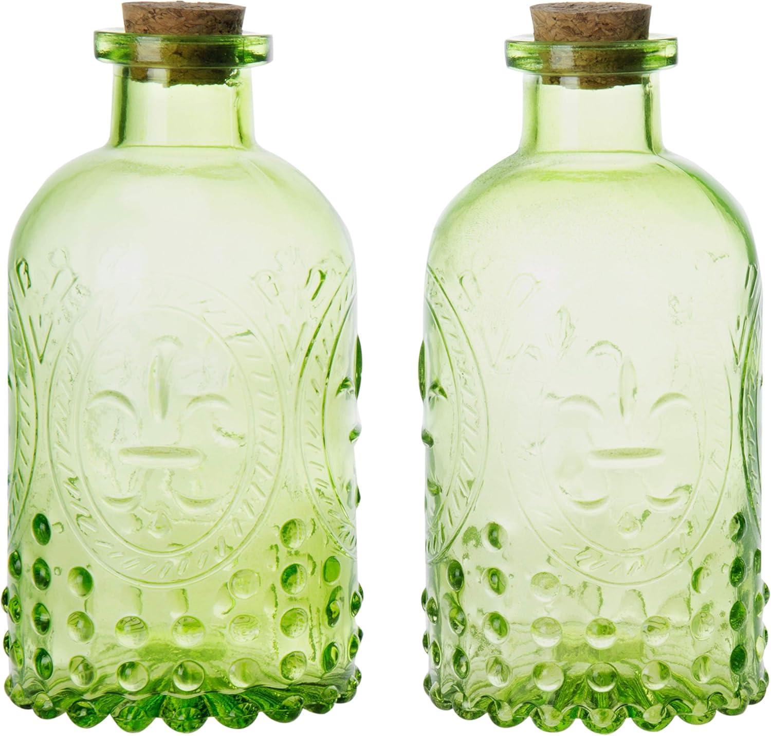 imageMyGift Small Clear Glass Reed Diffuser Bottles Vintage Embossed Apothecary Style Flower Bud Vases with Cork Lids Set of 2Light Green Set of 2