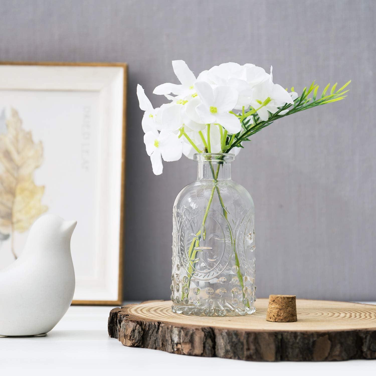 imageMyGift Small Clear Glass Reed Diffuser Bottles Vintage Embossed Apothecary Style Flower Bud Vases with Cork Lids Set of 2Vintage Clear Glass Set of 6