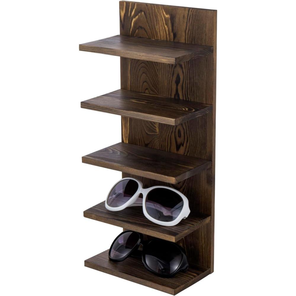 imageMyGift 5 Tier Vintage Gray Solid Wood Sunglasses Holder Rack Wall Mounted Eye Glasses Shelf or Tabletop Display Stand Retail Eyewear Showcase Storage OrganizerBurnt Wood