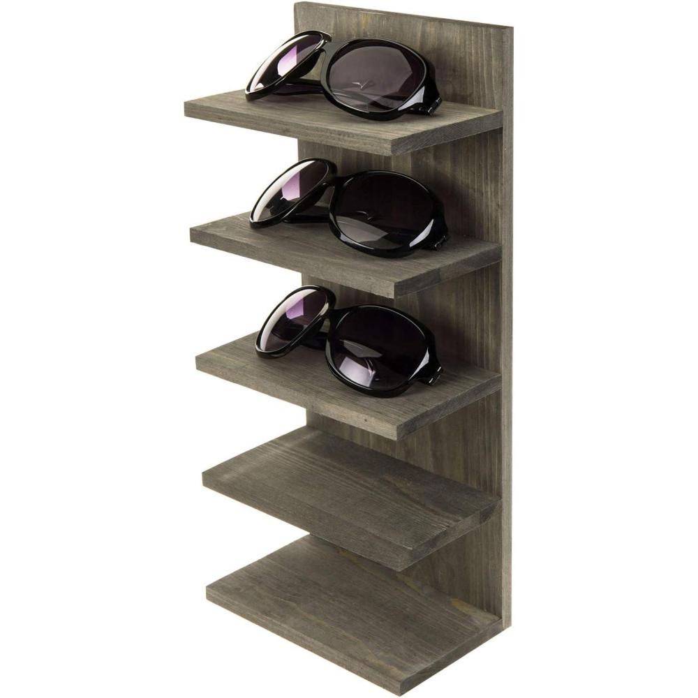 imageMyGift 5 Tier Vintage Gray Solid Wood Sunglasses Holder Rack Wall Mounted Eye Glasses Shelf or Tabletop Display Stand Retail Eyewear Showcase Storage OrganizerVintage Gray