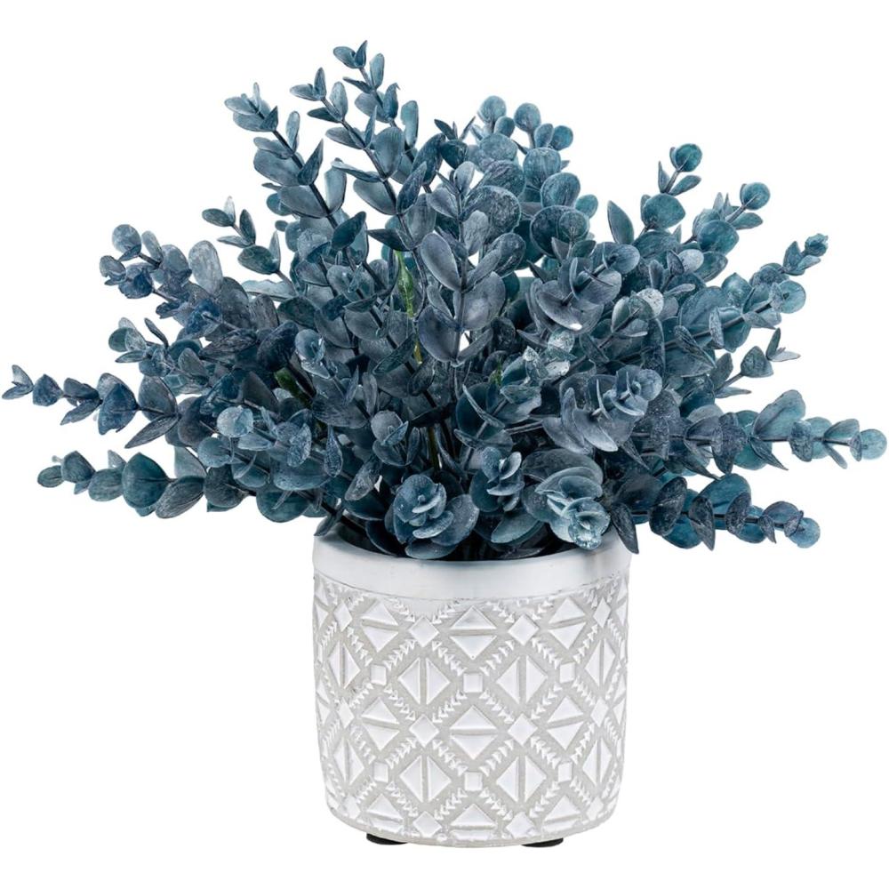 imageMyGift Artificial Eucalyptus Plant in Modern Gray Concrete Pots with Geometric Embossed Pattern 1 BlueBlue