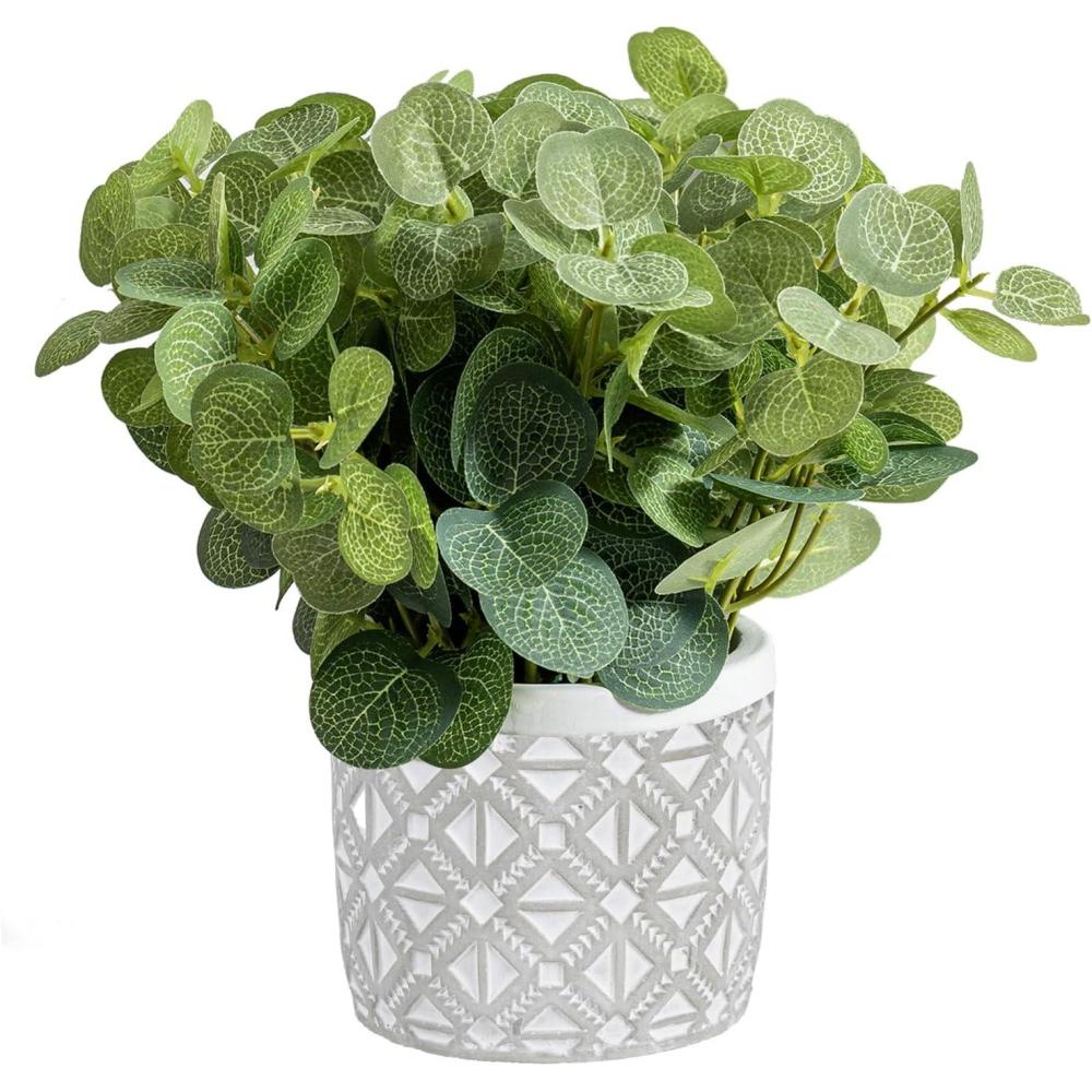 imageMyGift Artificial Eucalyptus Plant in Modern Gray Concrete Pots with Geometric Embossed Pattern 1 BlueGray White