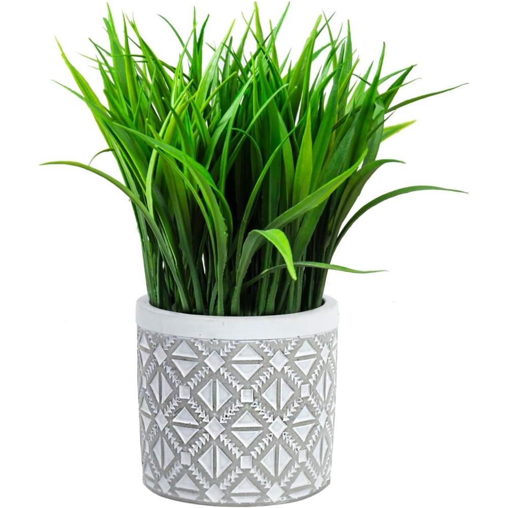 imageMyGift Artificial Eucalyptus Plant in Modern Gray Concrete Pots with Geometric Embossed Pattern 1 BlueWhite Geometric Embossed Pattern