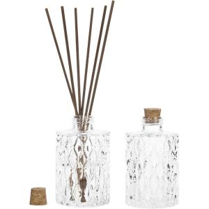 MyGift Small Clear Glass Reed Diffuser Bottles, Vintage Embossed Apothecary Style Flower Bud Vases with Cork Lids, Set of 2(Clear (Set of 2))