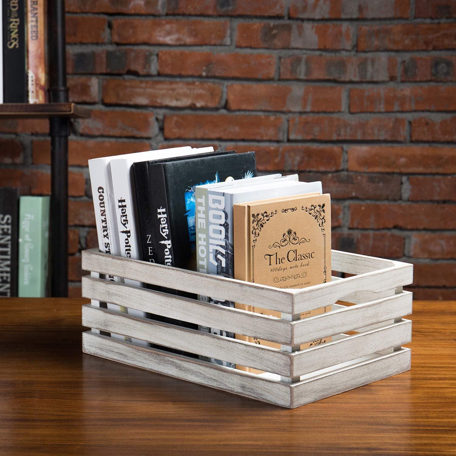 imageMyGift 16 and 14 Inch Shabby White Washed Solid Wood Nesting Decorative Storage Crates Vintage Farmhouse Wooden Stackable Open Top Bin Boxes 2 Piece Set