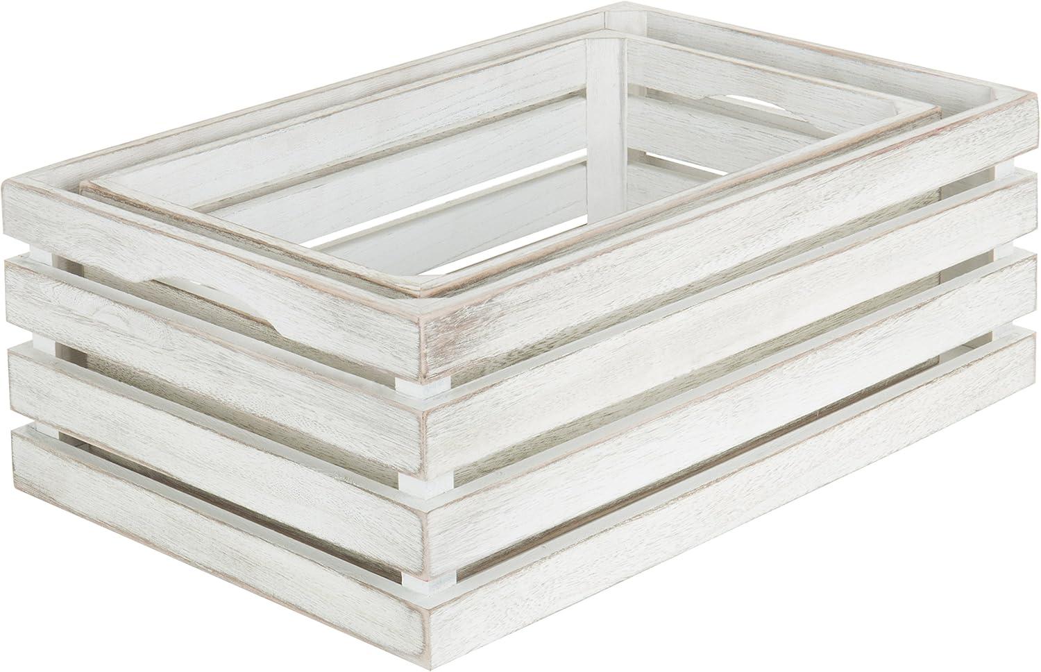 imageMyGift 16 and 14 Inch Shabby White Washed Solid Wood Nesting Decorative Storage Crates Vintage Farmhouse Wooden Stackable Open Top Bin Boxes 2 Piece Set