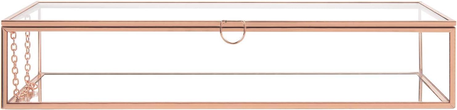 imageMyGift Glass Jewelry Box Vintage Style Rose Gold Metal ampamp Clear Glass Mirrored Shadow Box Jewelry Display Case with Hinged Top Lid