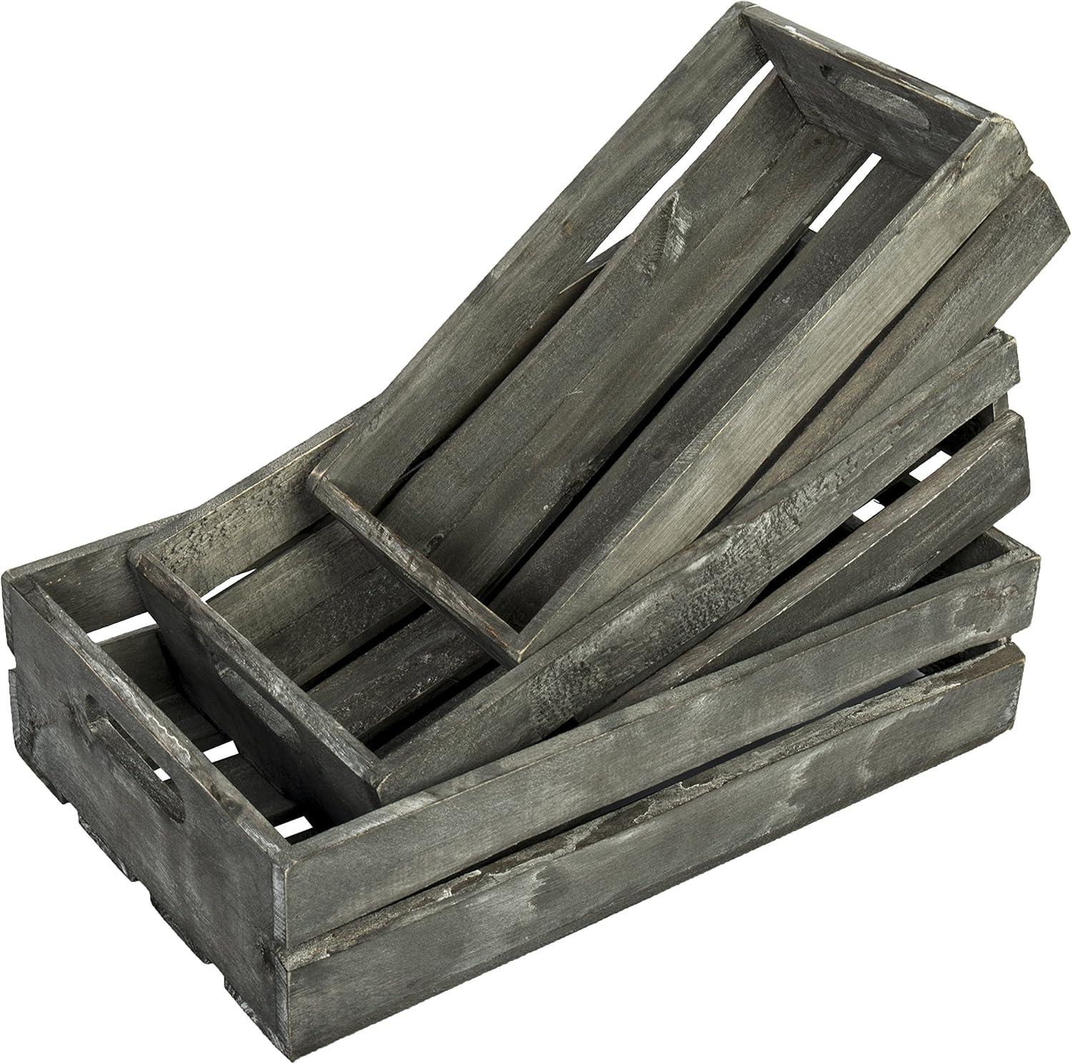 imageMyGift Rustic Weathered Gray Wood Nesting Storage Crates with Cutout Handles Decorative Coastal Wooden Pallet Stackable Open Top Bin Boxes 3 Piece Set