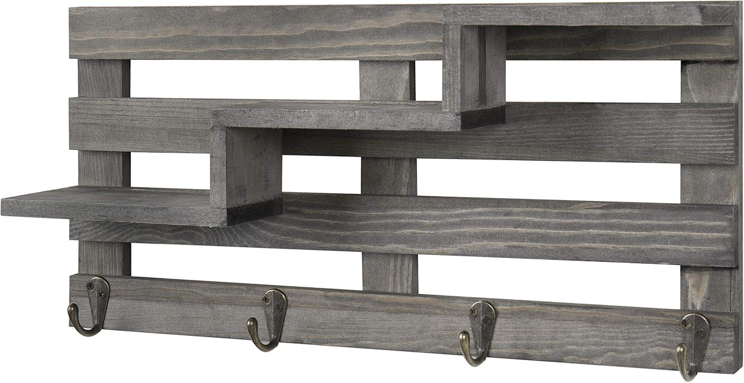 imageMyGift Wall Mounted Burnt Wood Entryway Organizer Key Holder Rack with 4 Hooks and 3 Tiered Decorative Display ShelvesGrey