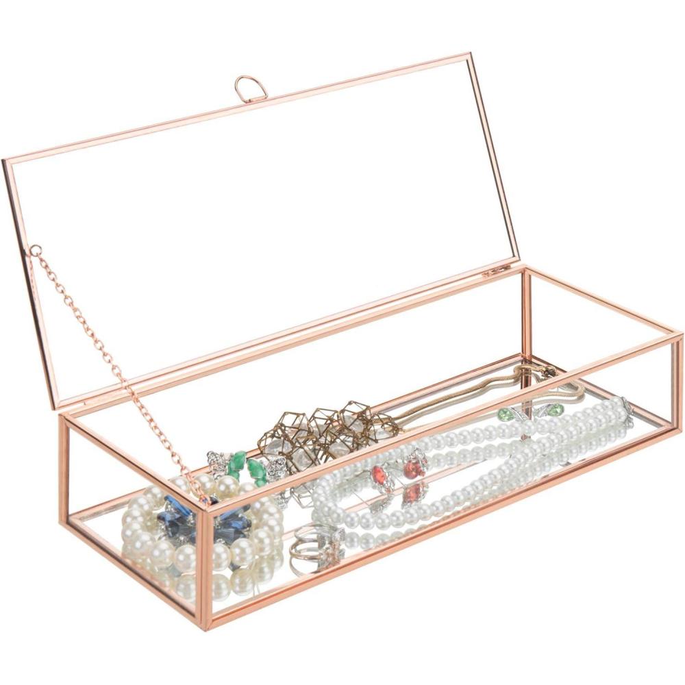 imageMyGift Glass Jewelry Box Vintage Style Rose Gold Metal ampamp Clear Glass Mirrored Shadow Box Jewelry Display Case with Hinged Top Lid