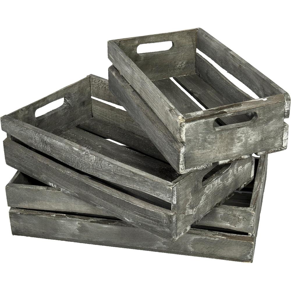 imageMyGift Rustic Weathered Gray Wood Nesting Storage Crates with Cutout Handles Decorative Coastal Wooden Pallet Stackable Open Top Bin Boxes 3 Piece Set