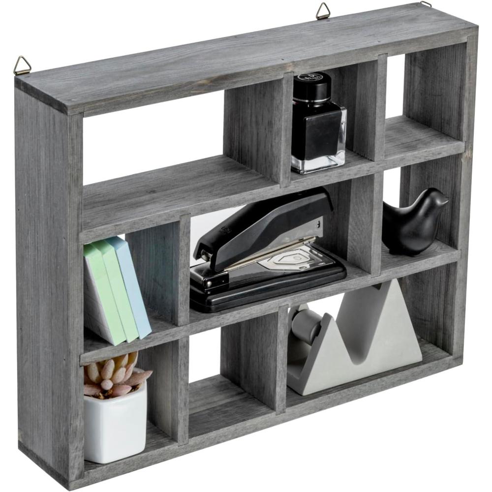 imageMyGift Vintage Gray Wood Shadow Box with 9Compartments Freestanding or Wall Mounted Curio Display Shelf for Knick Knacks Collectible Figurines Crystals