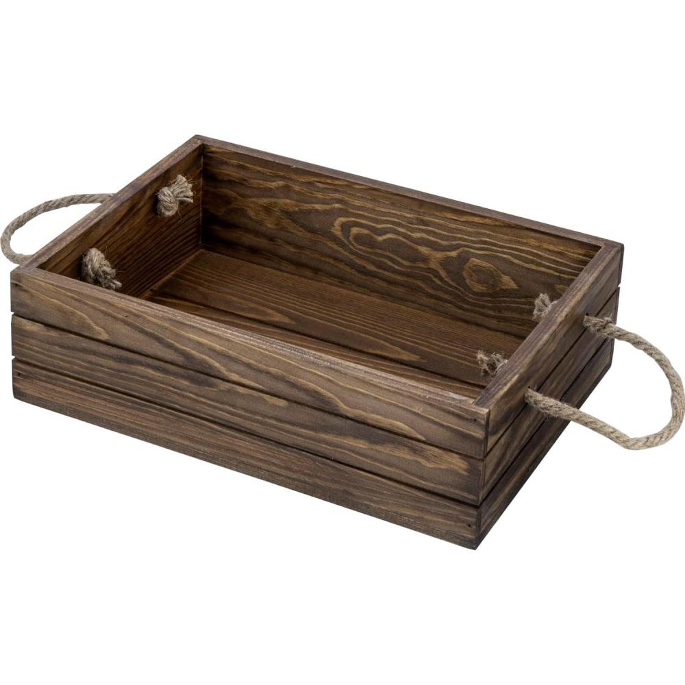 imageMyGift Vintage White Wood Decorative Storage Organizer Bin with Rope Handles Open Top Small Crate Box for Bathroom Accessories Books Crafts FruitsBrown 13 Inch