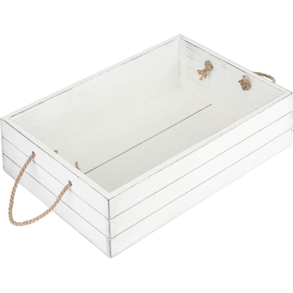imageMyGift Vintage White Wood Decorative Storage Organizer Bin with Rope Handles Open Top Small Crate Box for Bathroom Accessories Books Crafts FruitsVintage White