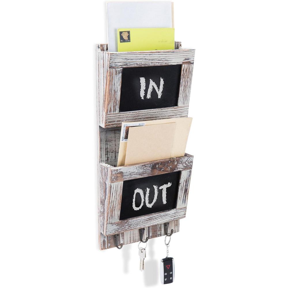 imageMyGift Wall Mounted Solid Torched Wood 2 Slot Mail and Key Holder Organizer Entryway Rack with Chalkboard Surface and 3 HooksBrown