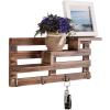MyGift Wall Mounted Burnt Wood Entryway Organizer Key Holder Rack with 4 Hooks and 3 Tiered Decorative Display Shelves(Brown)