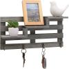 MyGift Wall Mounted Burnt Wood Entryway Organizer Key Holder Rack with 4 Hooks and 3 Tiered Decorative Display Shelves(Grey)