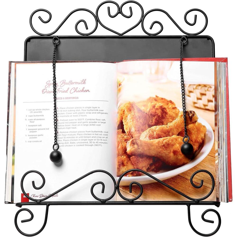 imageMyGift Black Metal Cookbook Stand for Kitchen Counter Cookbook Easel Stand with Weighted Page Holder and Vintage Scrollwork DesignBlack