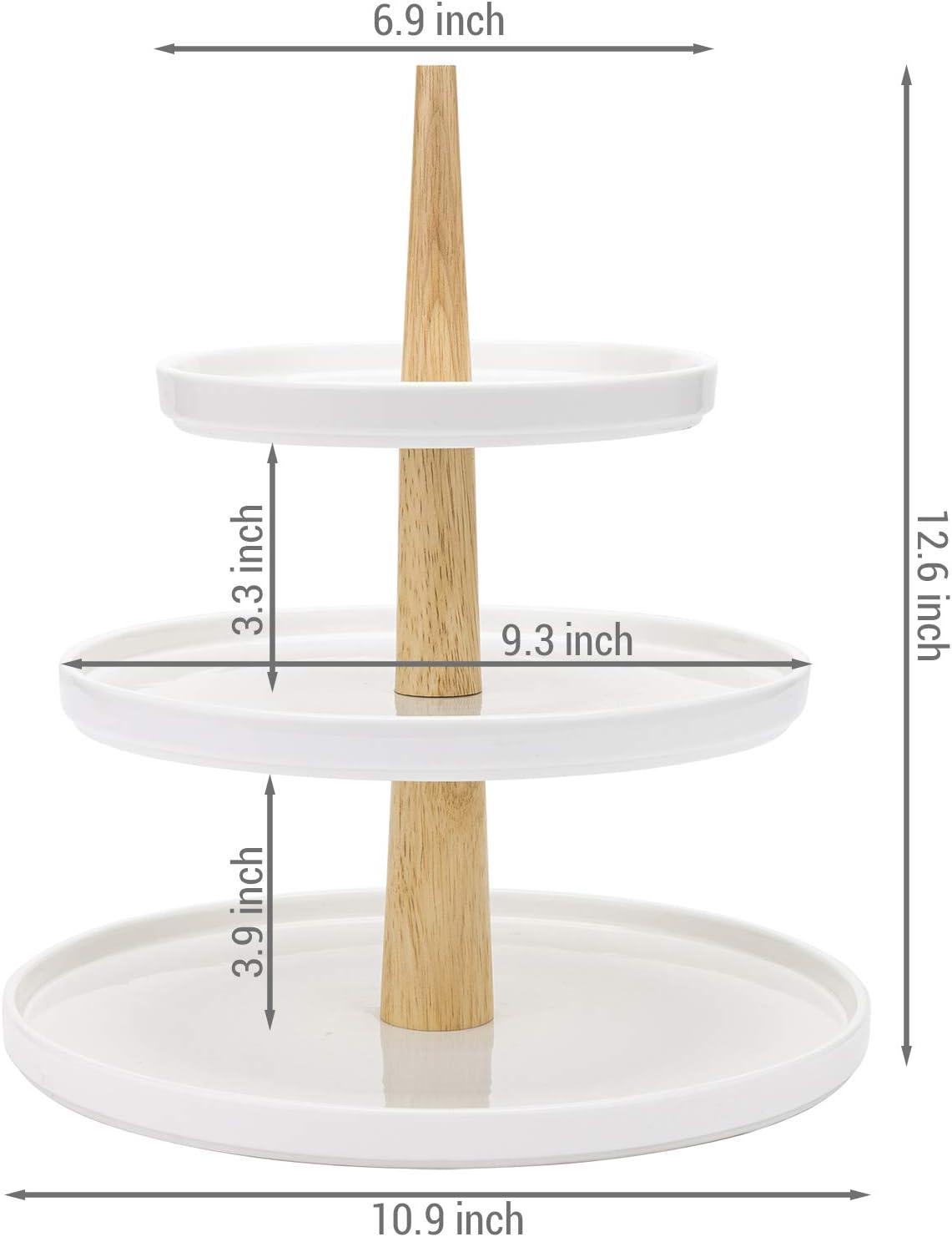 imageMyGift 3 Tier Cupcake Display Stand Modern White Ceramic and Natural Brown Wood Kitchen Dessert Riser Serving Tower Rack
