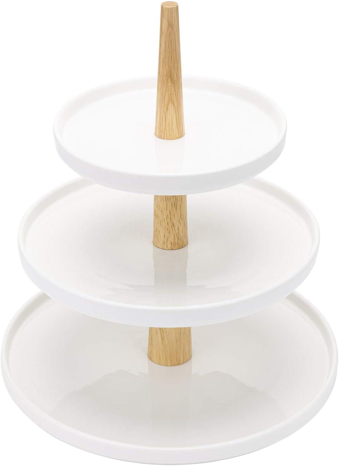 imageMyGift 3 Tier Cupcake Display Stand Modern White Ceramic and Natural Brown Wood Kitchen Dessert Riser Serving Tower Rack