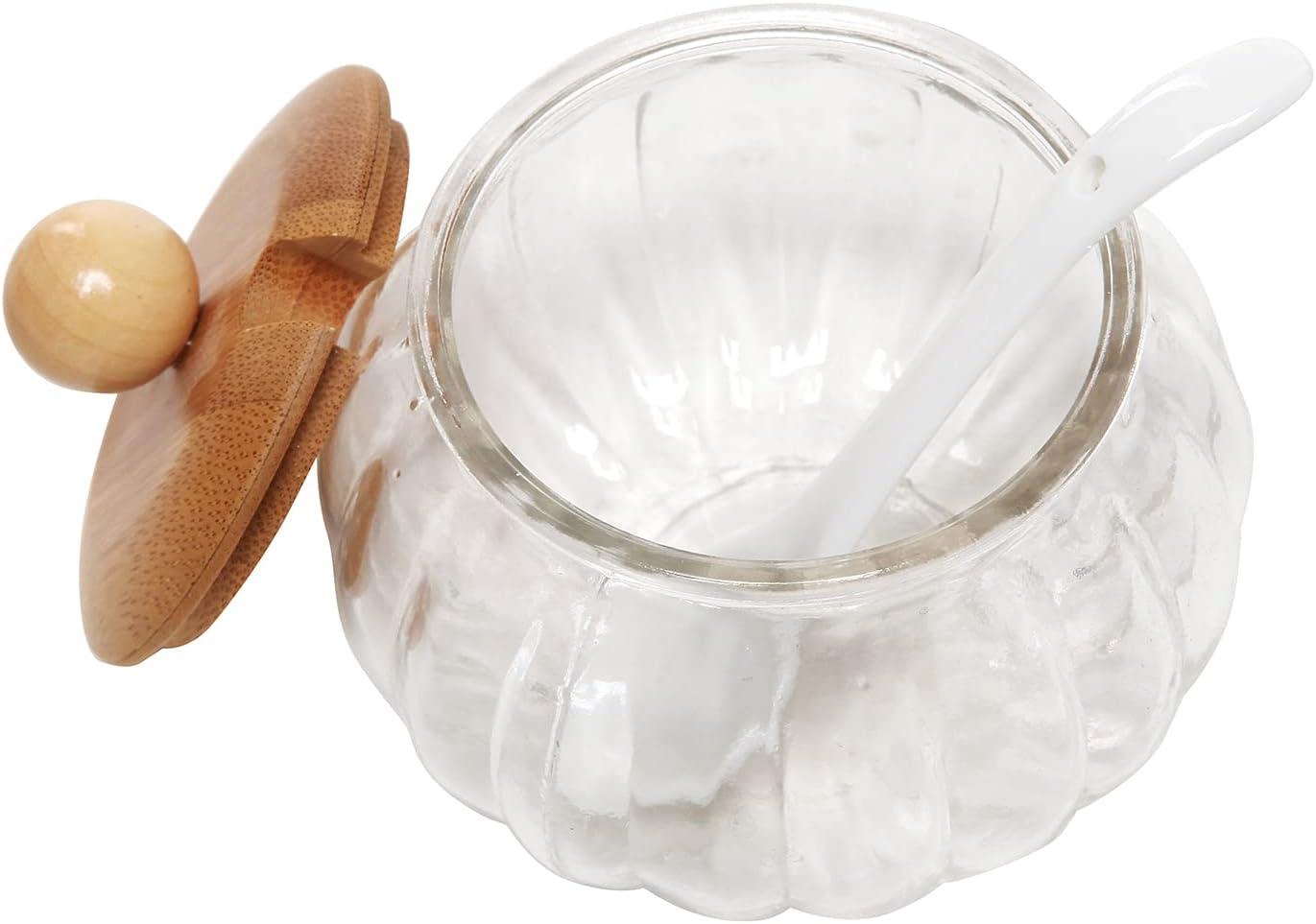 imageMyGift 75 Ounce Condiment Pots Modern Tiered Bamboo Serving Tray with Arch Design 3 Fluted Clear Glass Bowls Bamboo Lids and Ceramic Spoons 10 Piece Set