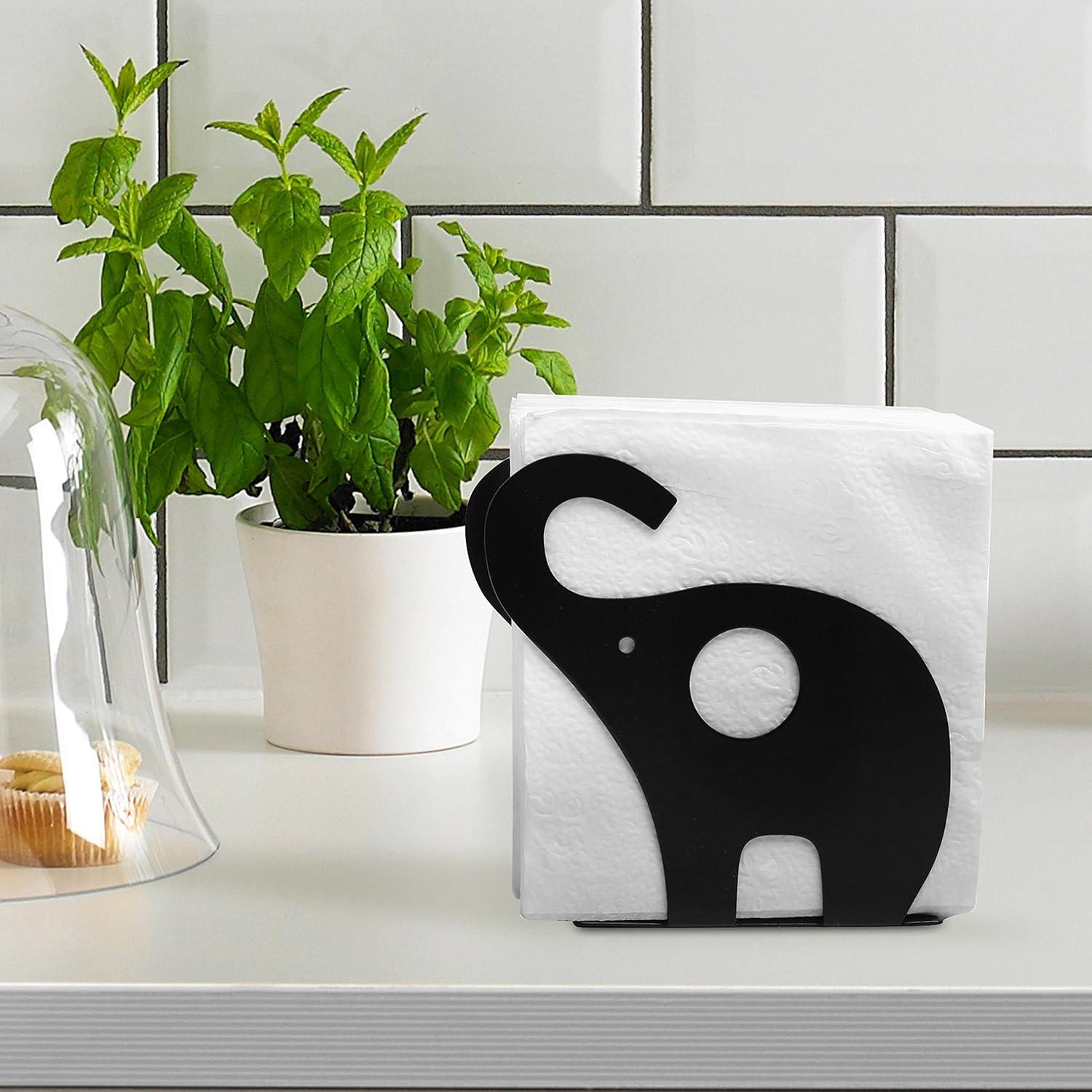 imageMyGift Metal Black Napkin Holder for Table with Elephant Cutout Design Tabletop Cocktail Napkin Holder