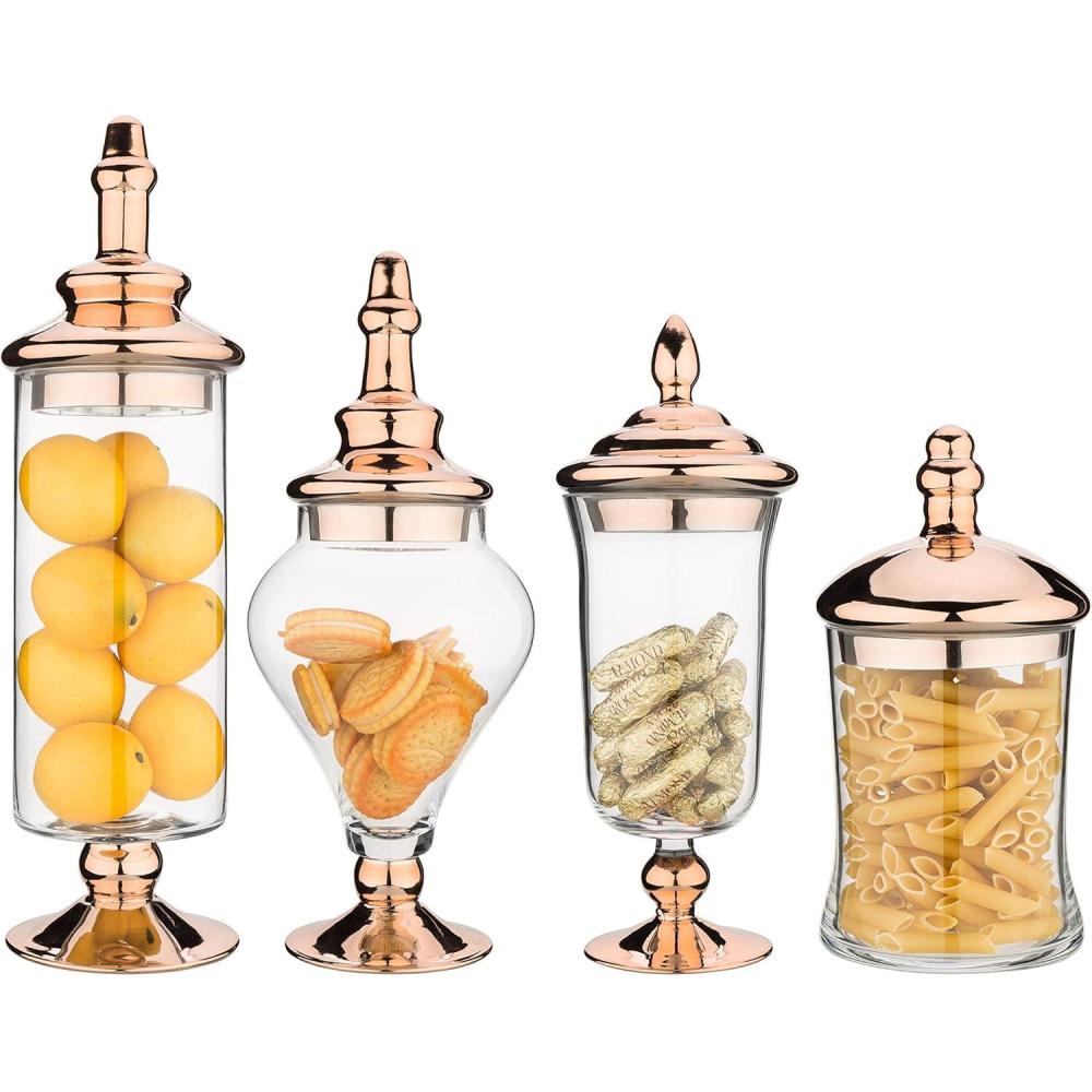imageMyGift 4 Piece Set Antique Clear Glass Bathroom Apothecary Jars with Lid Wedding Centerpiece Kitchen Storage Jars with Metallic Copper Base and Lids
