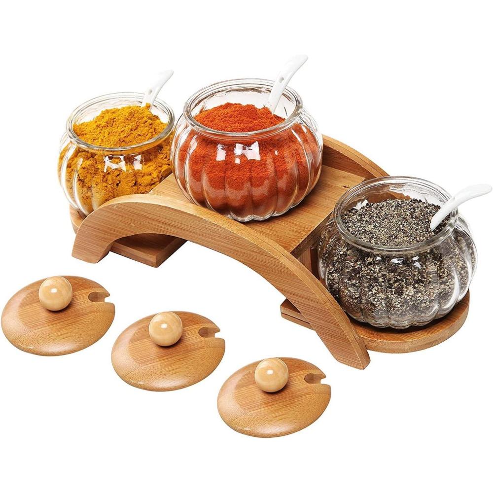 imageMyGift 75 Ounce Condiment Pots Modern Tiered Bamboo Serving Tray with Arch Design 3 Fluted Clear Glass Bowls Bamboo Lids and Ceramic Spoons 10 Piece Set