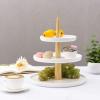 MyGift 3 Tier Cupcake Display Stand Modern White Ceramic and Natural Brown Wood, Kitchen Dessert Riser Serving Tower Rack