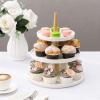 MyGift 3 Tier Cupcake Display Stand Modern White Ceramic and Natural Brown Wood, Kitchen Dessert Riser Serving Tower Rack