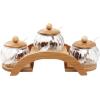 MyGift 7.5 Ounce Condiment Pots, Modern Tiered Bamboo Serving Tray with Arch Design, 3 Fluted Clear Glass Bowls, Bamboo Lids and Ceramic Spoons, 10 Piece Set