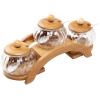 MyGift 7.5 Ounce Condiment Pots, Modern Tiered Bamboo Serving Tray with Arch Design, 3 Fluted Clear Glass Bowls, Bamboo Lids and Ceramic Spoons, 10 Piece Set