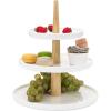 MyGift 3 Tier Cupcake Display Stand Modern White Ceramic and Natural Brown Wood, Kitchen Dessert Riser Serving Tower Rack