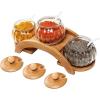 MyGift 7.5 Ounce Condiment Pots, Modern Tiered Bamboo Serving Tray with Arch Design, 3 Fluted Clear Glass Bowls, Bamboo Lids and Ceramic Spoons, 10 Piece Set