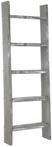 imageMyGift 4ft Tall Rustic Burnt Natural Wood Wall Leaning Blanket Ladder Shelf with 5 Rungs Decorative Living Room Throw and Quilt Holder Farmhouse Bedroom DecorGraywashed