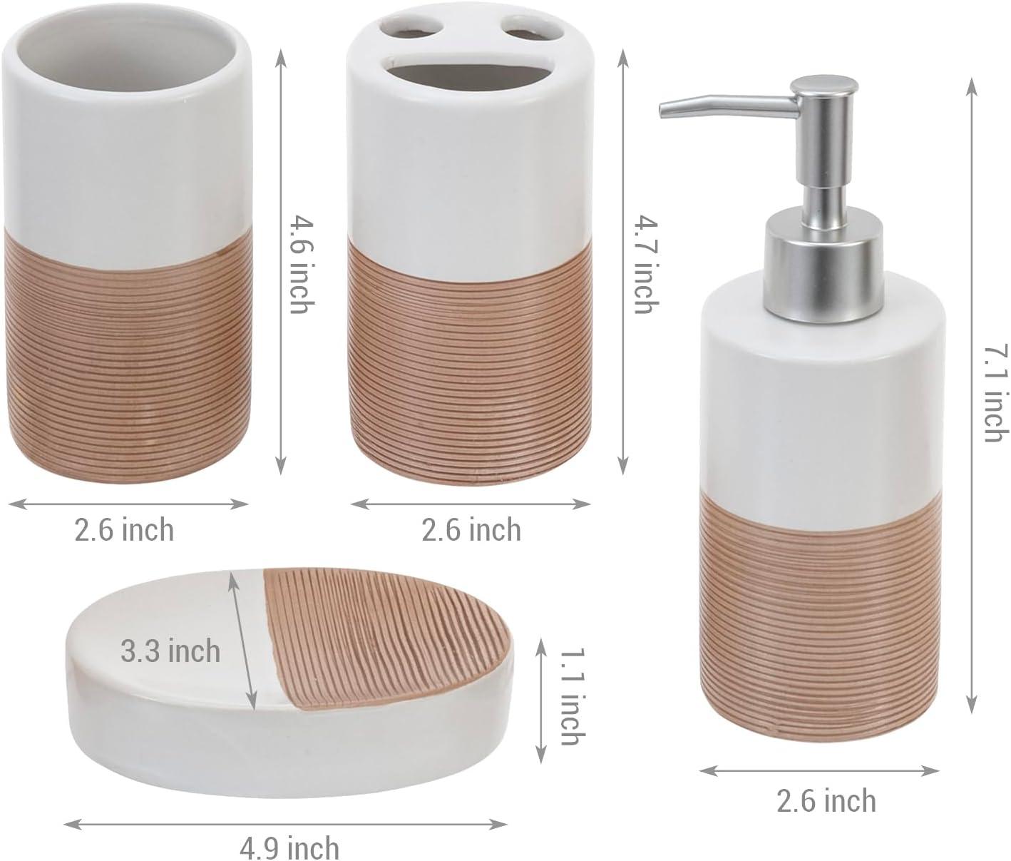 imageMyGift Deluxe 4 Piece Dual Tone White with Clay Stripe Ceramic Bathroom Accessories Set Includes Soap Dish Pump Dispenser Tumbler Cup and Toothbrush HolderWhite Clay