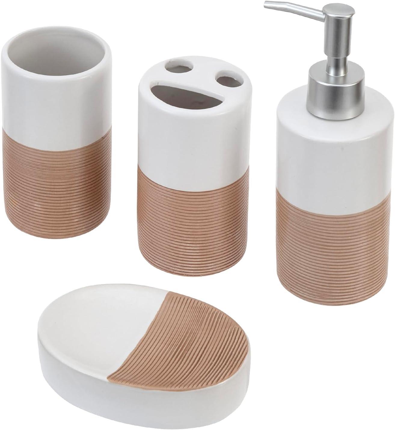 imageMyGift Deluxe 4 Piece Dual Tone White with Clay Stripe Ceramic Bathroom Accessories Set Includes Soap Dish Pump Dispenser Tumbler Cup and Toothbrush HolderWhite Clay