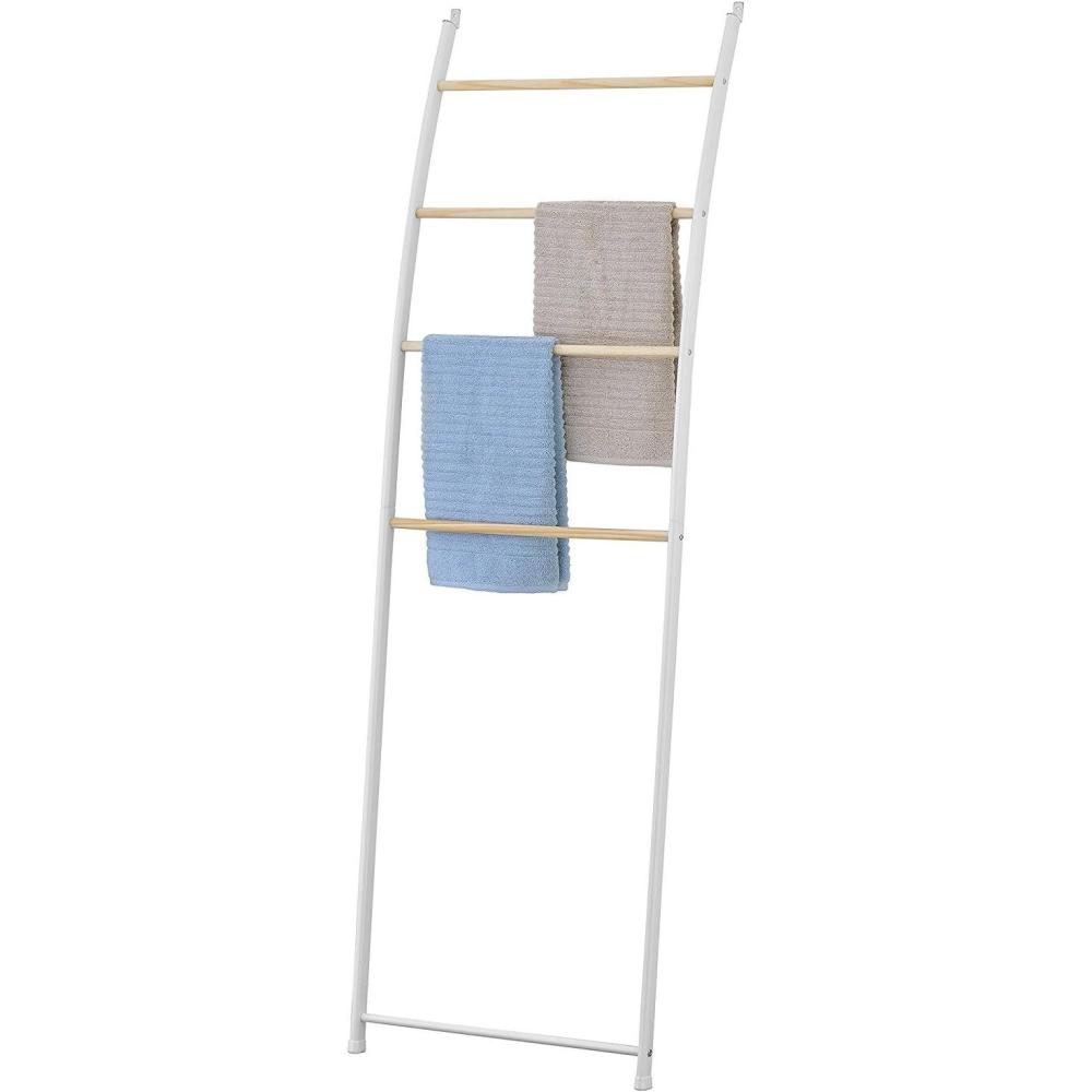 imageMyGift 4 Rung White Wall Leaning Blanket Ladder for Bedroom and Living Room Bath Towel Storage Ladder Freestanding Bathroom Drying Rack for Towels with Top and Bottom Non Slip Rubber Feet