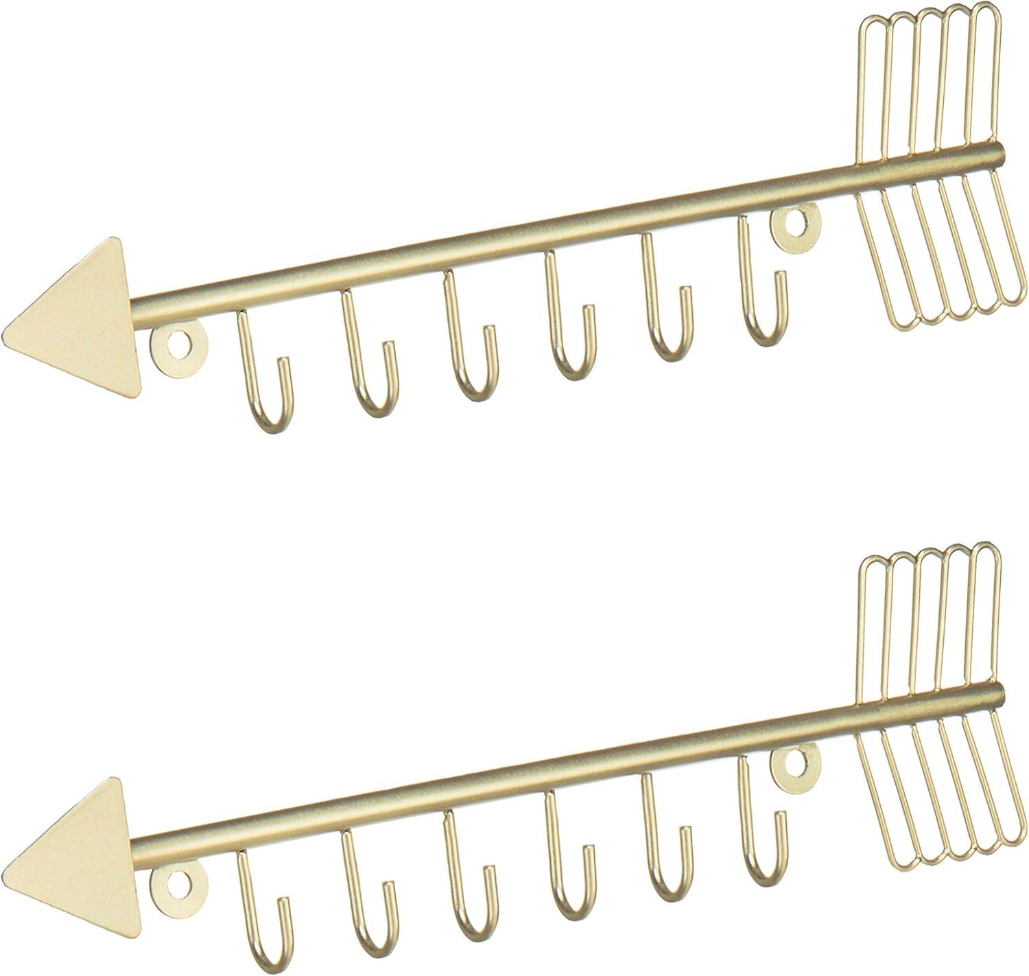 imageMyGift 12 Inch Wall Mounted Brass Tone Metal Arrow Shaped Jewelry Organizer Hanging Accessories Storage Display Rack with 6 Hooks for Necklaces Bracelets KeysBrass Set of 2