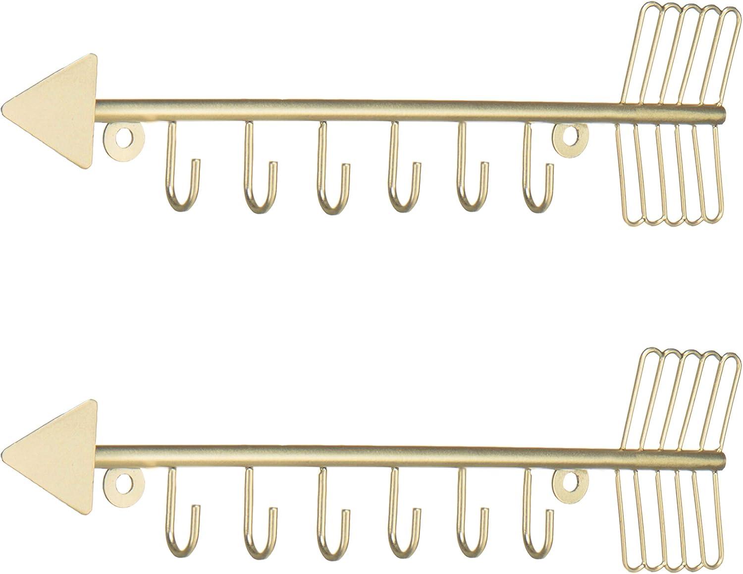 imageMyGift 12 Inch Wall Mounted Brass Tone Metal Arrow Shaped Jewelry Organizer Hanging Accessories Storage Display Rack with 6 Hooks for Necklaces Bracelets KeysBrass Set of 2